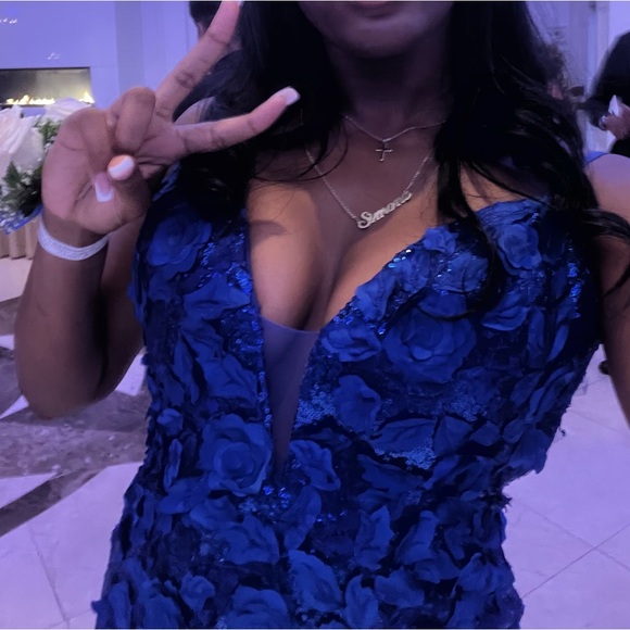 Blue Sequened Prom Dress, Floral Top, Open Back, Left Leg Slit - Picture 4 of 11